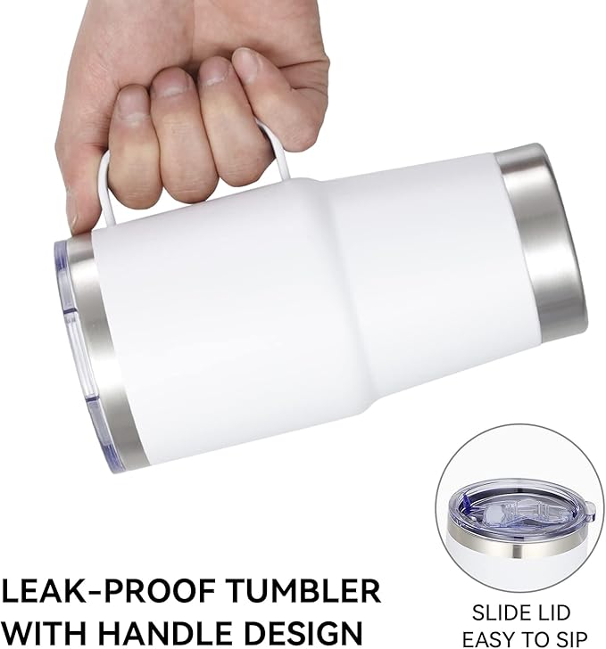 VEGOND 20 oz Tumbler with Handle Lid and Straw, Stainless Steel Insulated Travel Coffee Mug Spill Proof Double Wall Metal Tumbler Cup Keeps Drink Hot and Cold, White 1 Pack