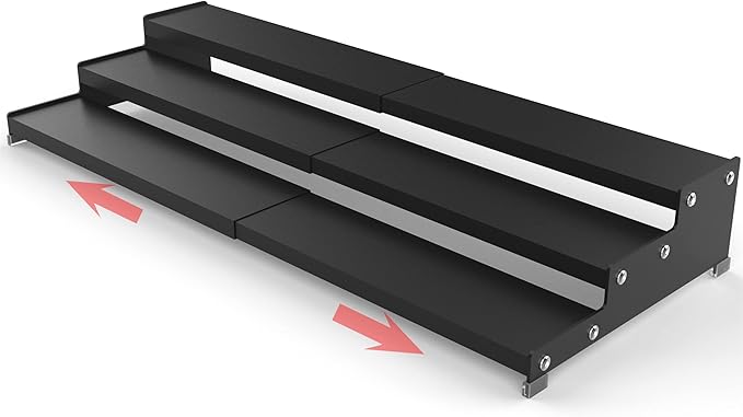 Spice Rack Organizer 3 Tier Expandable Display Shelf(12.8"-24.01" W) Non-Skid Heavy Duty Sturdy Metal Iron Alloy Steel Step Racks 1 Pack/Black