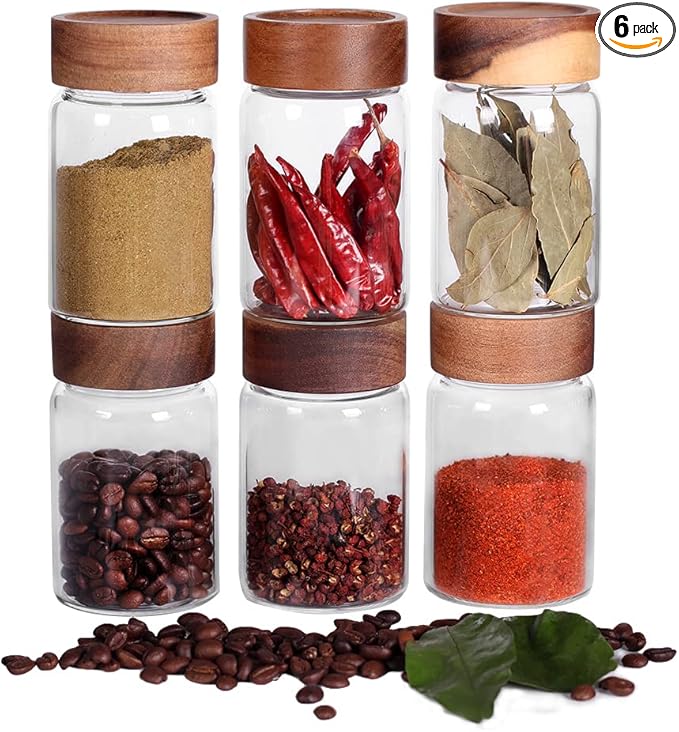 SAIOOL 6 Pcs Small Glass Spice Jars with Label,High Sealing Threaded Mouth,with Black Printed Spice Labels - 8.79oz /260ml*6,Empty Cylinder Spices Bottles,Storage Jars with Airtight Screw Lids