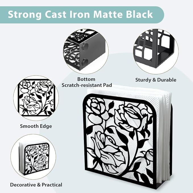 Rose Flower Decorative Black Metal Napkin Holder for Table, 4.9" x 4.9" x 1.9" Standing Napkin Holder for Home Kitchen Restaurant Picnic Party Coffee Bar Dining Room