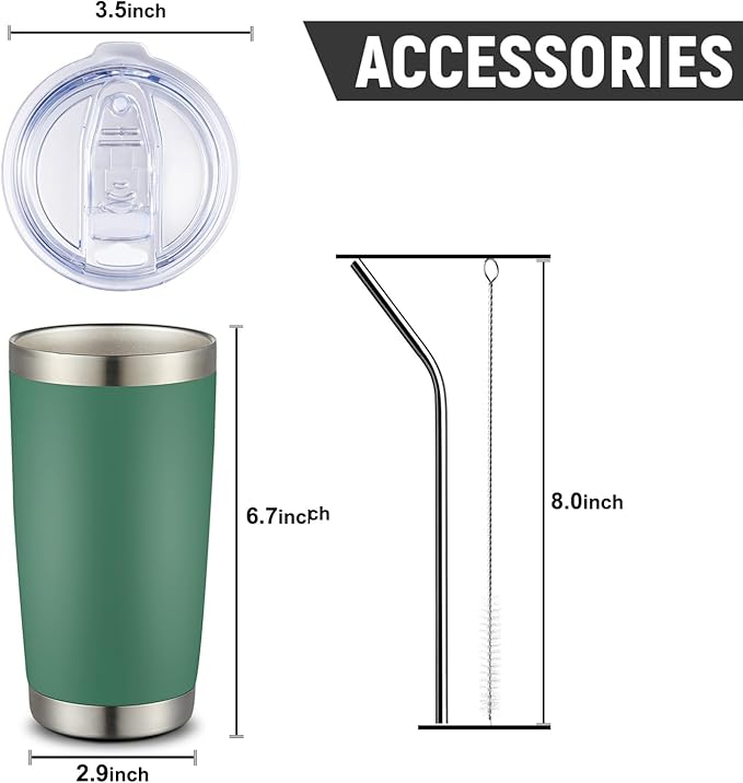 COMOOO 20oz 8 Pack Tumbler Double Wall Vacuum Insulated Coffee Travel Mug Stainless Steel Tumbler Bulk with Lid and Straw Insulated Coffee Cup for Cold & Hot Drinks (dark green, 8 Pack)