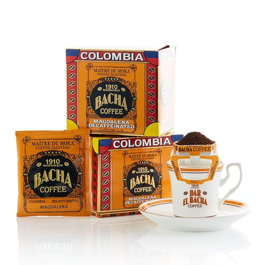 Bacha Coffee | Magdalena Decaf Colombia Single Origin, 100% Arabica Specialty Coffee Beans, Medium Dark Roast, x12 Individually Wrapped Single Serve Filter Bags
