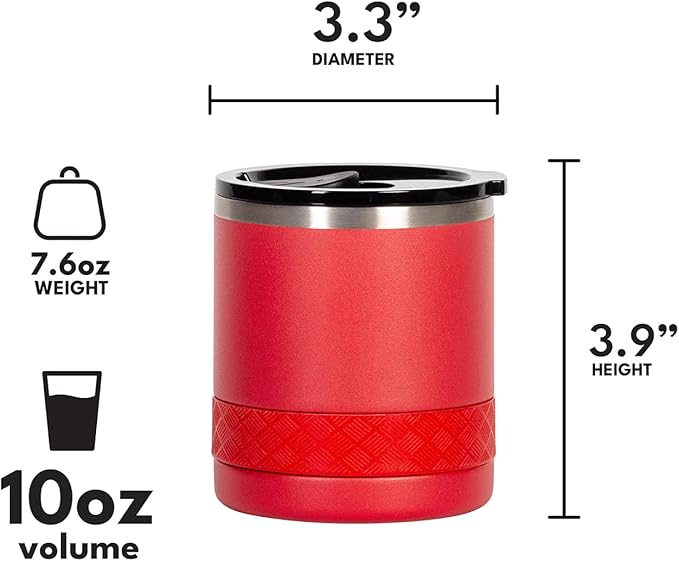 Elemental Recess Lowball Tumbler, 10oz Triple Wall Stainless Steel Cup with Non-Shattered Tritan Lid, Insulated Whiskey Glass, Insulated Coffee Tumbler Mug for Hot & Cold Drinks - Red