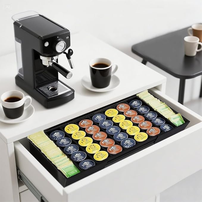 K Cup Holder Bamboo Coffee Pod Holder Drawer Organizer, Expandable K Cup Pod Storage Tea Bag Storage for Coffee Station Home Office and Kitchen （Black