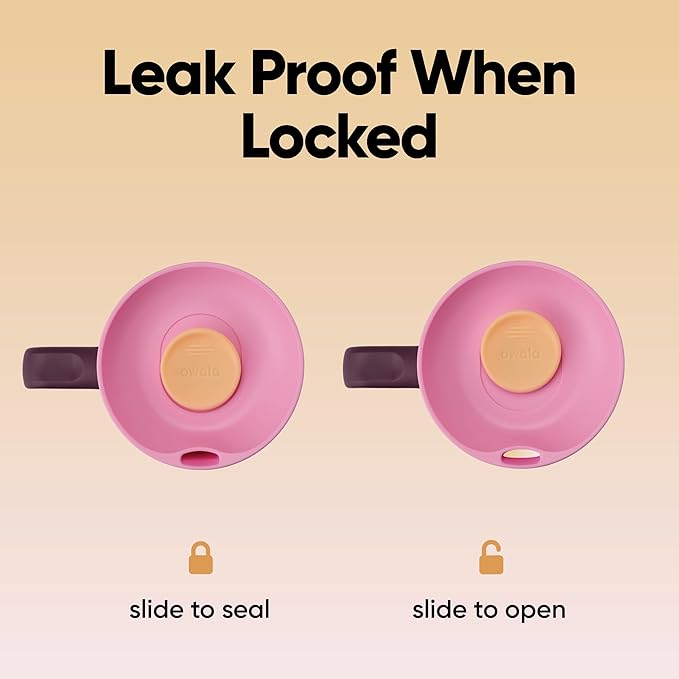 Owala SmoothSip Slider Stainless Steel Insulated Travel Mug, 100% Leak Proof, For Hot and Cold Drinks, Travel Friendly with Sliding Lock Lid, 12oz, BPA Free, Leak Proof, Pink/Tan (Daybreak)