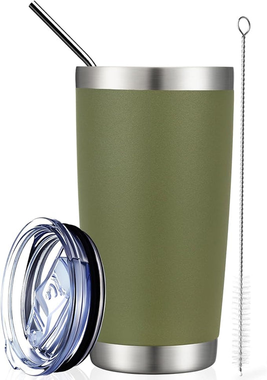 COMOOO 20oz Double Wall Vacuum Insulated Travel Mug, Stainless Steel Tumbler with Lid and Straw Durable Powder Coated Insulated Coffee Cup for Cold & Hot Drinks（Army Green, 1 Pack）