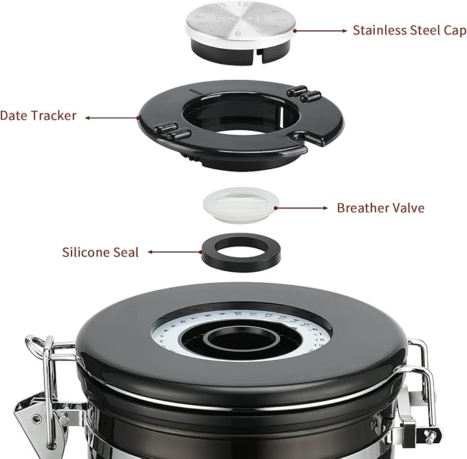 Coffee Canister, Airtight Coffee Container with Date Tracker Lid, Stainless Steel Canister for Kitchen Food Storage (Black-Copper, 22oz with 1/4 Cup)