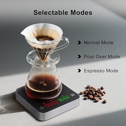 QP Mini Coffee Scale with Timer, 2kg/0.1g Accuracy Rechargeable Digital Espresso Scale with Timer, 3 Modes Digital Gram Scale for Coffee, g/ml/oz/lb, Capacitive Touch Control, Tempered Glass Surface
