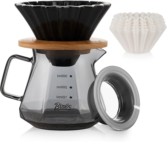 Bincoo 400ML Pour Over Coffee Maker Set with Filter Paper,Ceramic Coffee Dripper with Wood Stand Set for 1-2 Cups-Professional Brewing Tools for Pour Over & Drip for Home Office (Black)