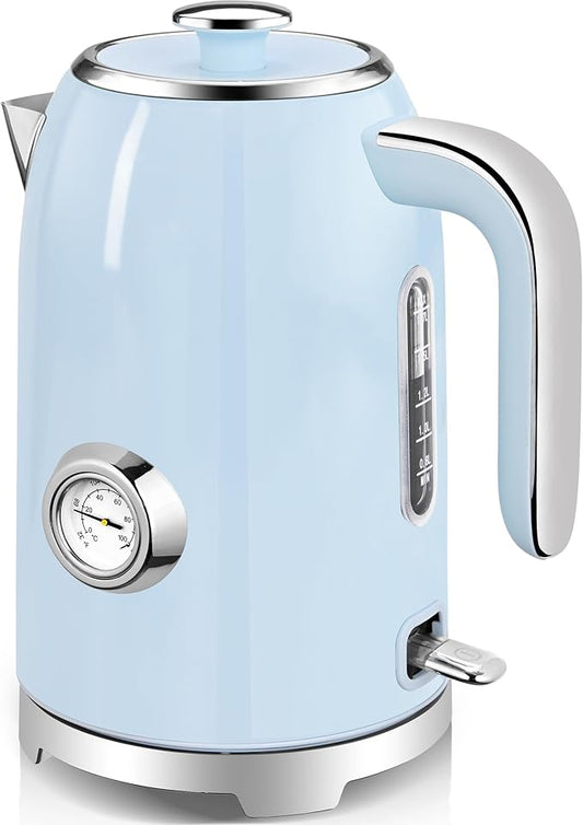 SUSTEAS Electric Kettle - 57oz Hot Tea Kettle Water Boiler with Thermometer, 1500W Fast Heating Stainless Steel Tea Pot, Cordless with LED Indicator, Auto Shut-Off & Boil Dry Protection, Blue