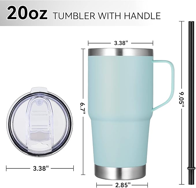 VEGOND 20 oz Tumbler with Handle Lid and Straw, Stainless Steel Insulated Travel Coffee Mug Spill Proof Double Wall Metal Tumbler Cup Keeps Drink Hot and Cold, Mint Green 1 Pack