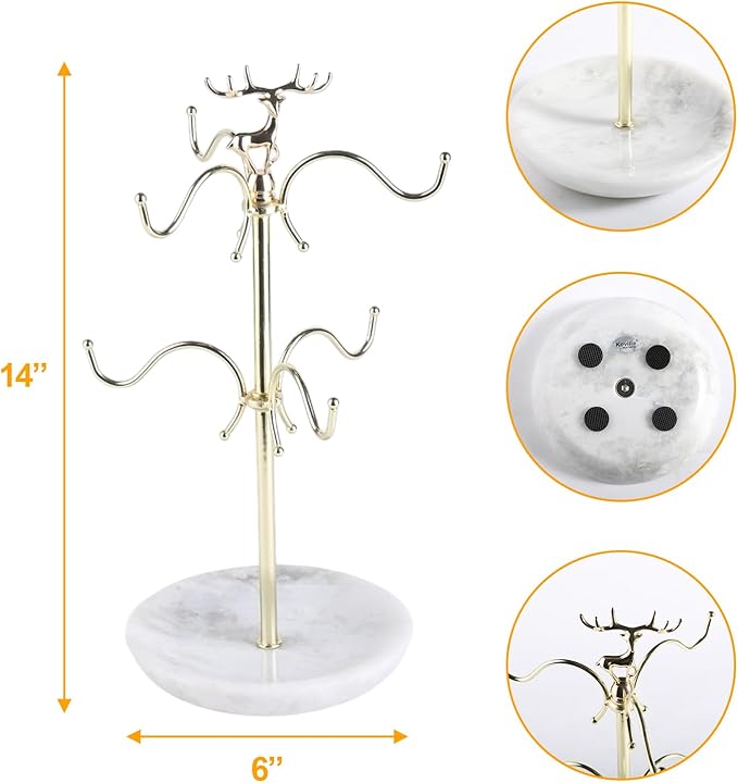BCS Mug Holder with Marble Base - 6 Hooks Mug Rack Coffee Cup Storage Tree Jewelry Display Stand Holder for Countertop