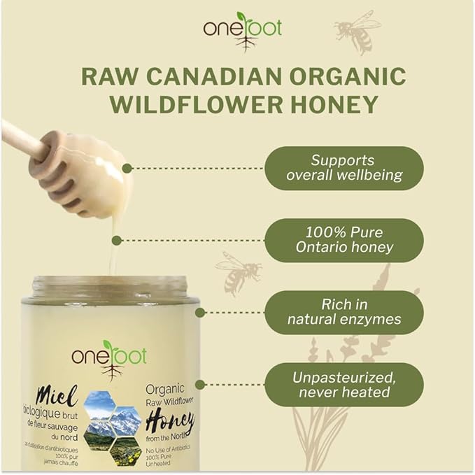 Oneroot 100% Organic Canadian Wildflower Honey - 17.6 Oz/1.1 Lbs, Unheated & Creamed - Nutrient-Rich, Natural Sweetener with Enzymes - Thick & Pure Raw Unfiltered Honey