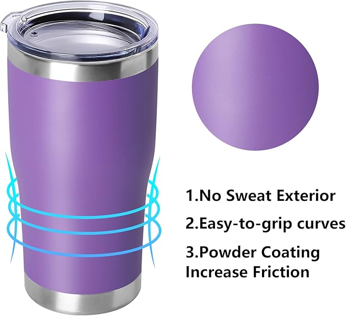 DOMICARE 20oz Tumbler with Lid Stainless Steel Tumblers Bulk, Double Wall Vacuum Insulated Coffee Travel Mug Powder Coated Tumbler, 1 Count (Pack of 1) Purple