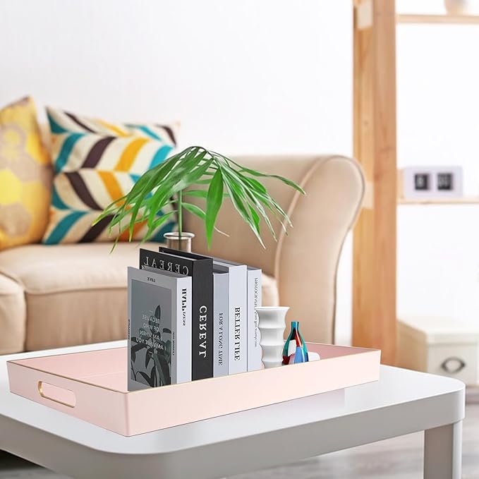 Gifturbo Pink Large Serving Tray with Handles，Rectangular Plastic Elegant Decorative Coffee Table Tray for Ottoman, Living Room, Bathroom, Home Decor, Vanity Trays with Gold Trimming, 15.7” x 11.8”