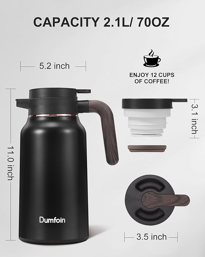Carafes for Hot Liquids 70 oz - 36 Hour Stainless Steel Thermal Coffee Carafe-Insulated Coffee Carafes For Keeping Hot/Cold Coffee, Tea, Water, Drink Dispenser for Parties(Black)