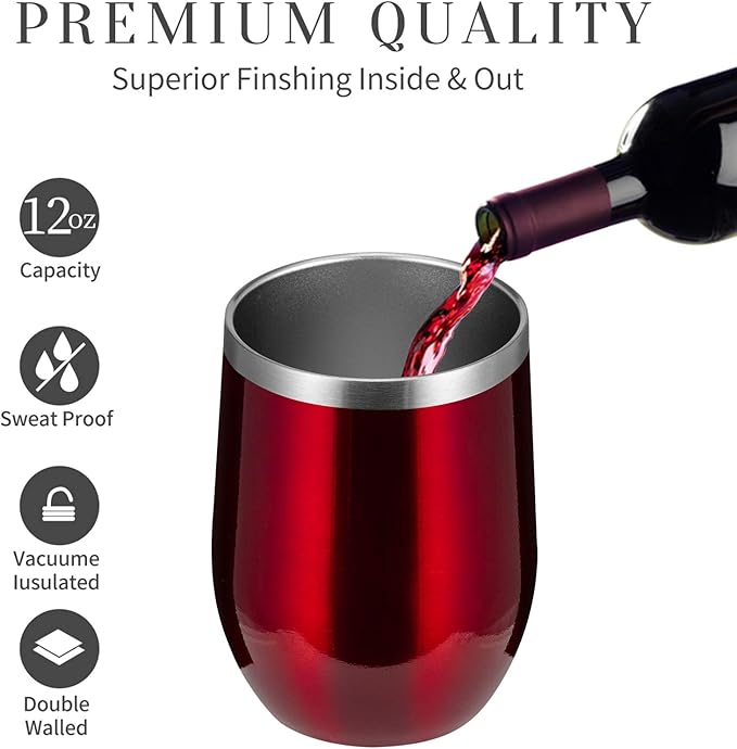 MEWAY Stemless 12oz Wine Tumbler Glasses with Lid -Insulated Double Wall Vacuum Stainless Steel Travel Tumbler with Straw,for Woman Under 10 dollars (Burgundy,1)