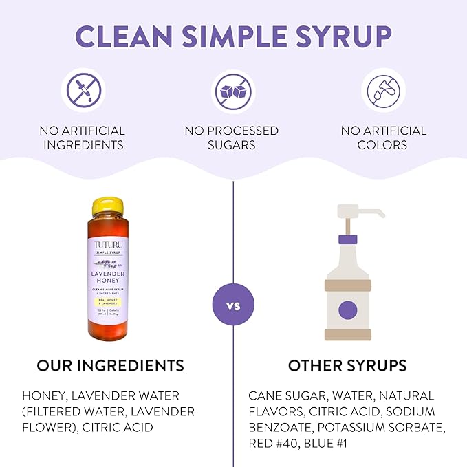 Lavender Honey Simple Syrup for Coffee, Cocktails, Tea, Matcha - Clean Simple Syrup with Real Lavender & Honey - 13.5 oz