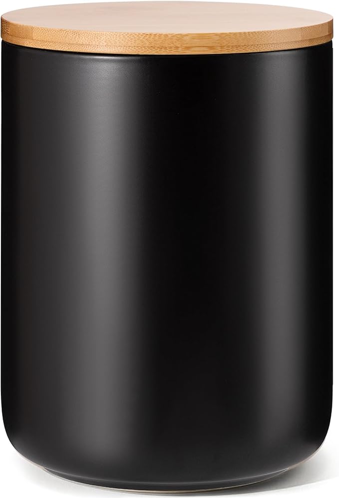 Yangbaga Black Canisters for Kitchen-Kitchen Canisters for Countertop with Airtight Wood Lids/Spoons/Stickers,Ceramic Kitchen Storage Containers for Large Flour,Suger,Coffee（84 OZ