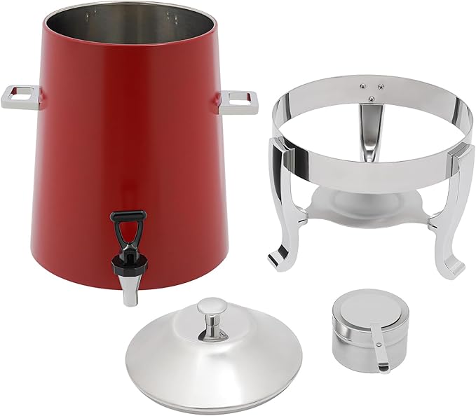 Stainless Steel Beverage Dispensers, Drink Dispenser with Fuel Holder & Base & Stainless Steel Faucet 3.4Gal Hot Beverage Dispenser, Commercial Coffee Urn for Hotels, Canteens（Silver, Red）