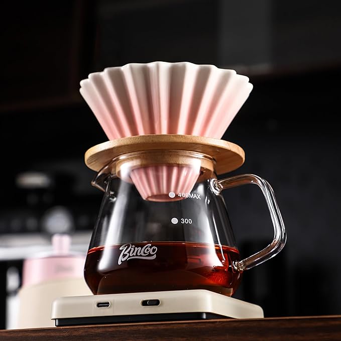 Bincoo Ceramic Coffee Dripper,Pour Over Coffee Dripper with Wood Stand, Flower-shape for 1-2 Cups Slow Brewing Maker for Home Cafe (Pink)