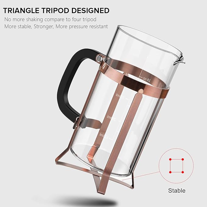 QUQIYSO Coffee Maker 304 Stainless Steel French Press with 4 Filter, Heat Resistant Durable, Easy to Clean, Borosilicate Glass Coffee Press, 100% BPA Free Teapot, 21 ounce, copper