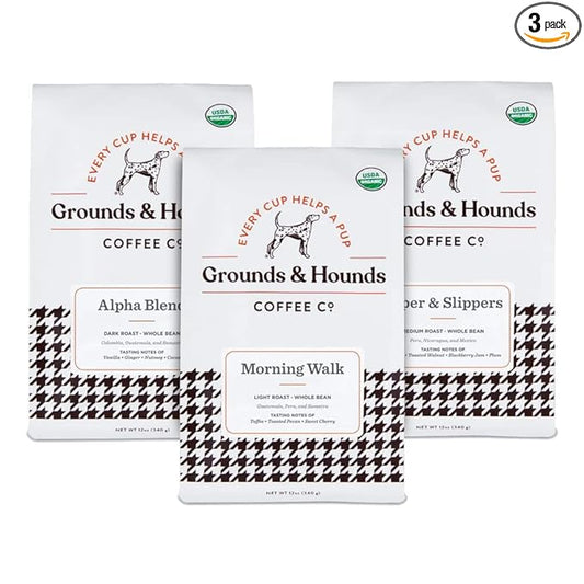 Grounds & Hounds Three Blend Starter Kit - 100% Organic Whole Bean Coffee Variety Pack, Whole Coffee Beans, Includes Three 12oz Bags of Our Most Popular Blends