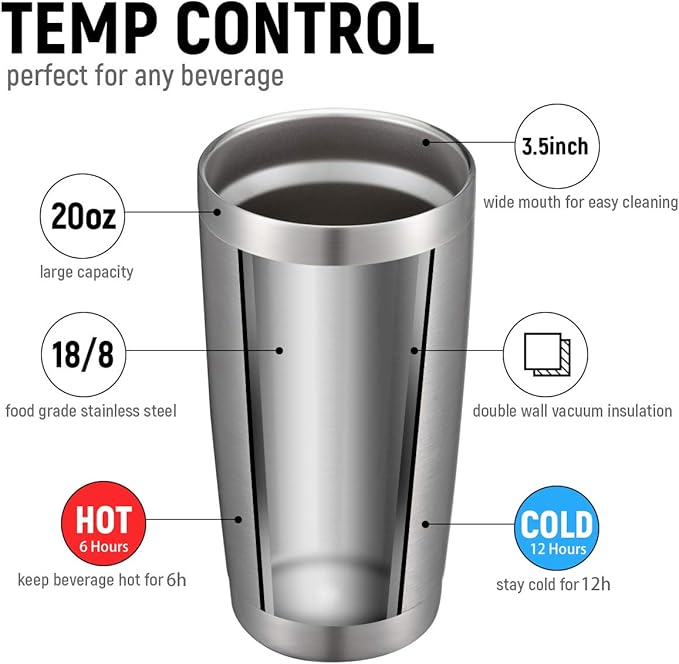 COMOOO 20oz Stainless Steel Tumbler Bulk Double Wall Vacuum Coffee Cup Insulated Travel Mug with Lid and Straw Durable Powder Coated Insulated Coffee Cup for Cold & Hot Drinks (silver, 6 pack
