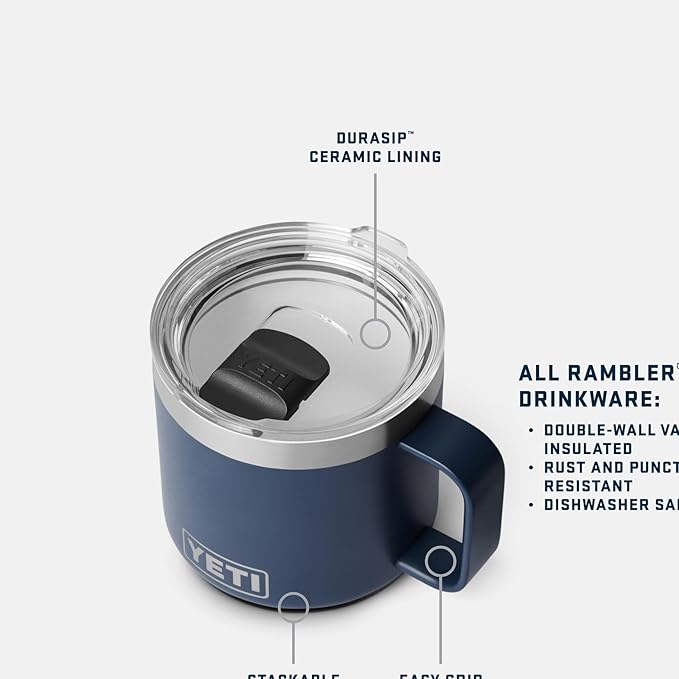 YETI Rambler 14 oz Ceramic Lined Stackable Mug, Vacuum Insulated, Stainless Steel with MagSlider Lid, Navy