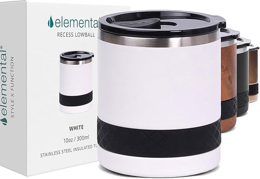 Elemental Recess Lowball Tumbler, 10oz Triple Wall Stainless Steel Cup with Non-Shattered Tritan Lid, Insulated Whiskey Glass, Insulated Coffee Tumbler Mug for Hot & Cold Drinks - White