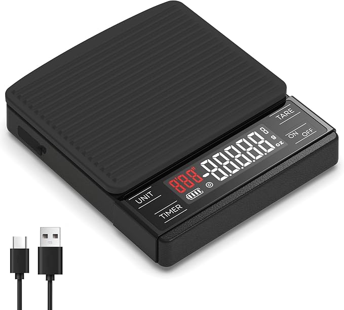 MAXUS Coffee Scale with IP65 Waterproof Design, USB Rechargeable 1000mAh Battery, Espresso Scale with Timer 2kg/0.1g High Precision, Ideal for Brewing and Pour-Over Coffee