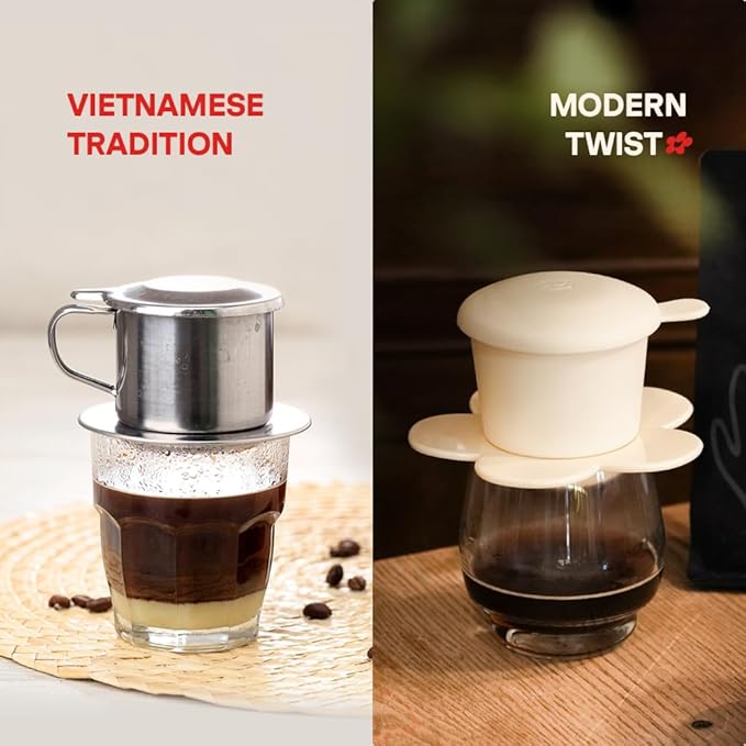 Pour Over Coffee Dripper - Vietnamese Phin Filter – Single Cup Coffee Maker 1-2 Cup with Flower Design – Plastic Reusable Coffee Filter for Manual Brewing, Travel Friendly (Navy + Ivory)