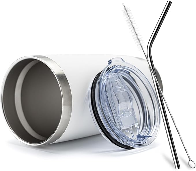 COMOOO 20oz/8Pack White Tumbler Double Wall Vacuum Insulated Coffee Travel Mug Stainless Steel Tumbler Bulk with Lid and Straw Powder Coated Insulated Coffee Cup for Cold & Hot Drinks (White, 8 Pack)