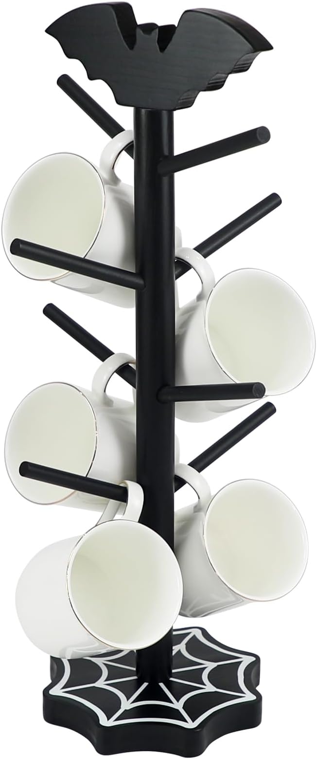 Bat Mug Holder Tree - 8 Hooks Coffee Mug Rack - Gothic Home Decor Wood Coffee Mug Tree for Countertop - Coffee Cup Holder for Halloween Kitchen Organizer & Coffee Bar Accessories (Spider Web)