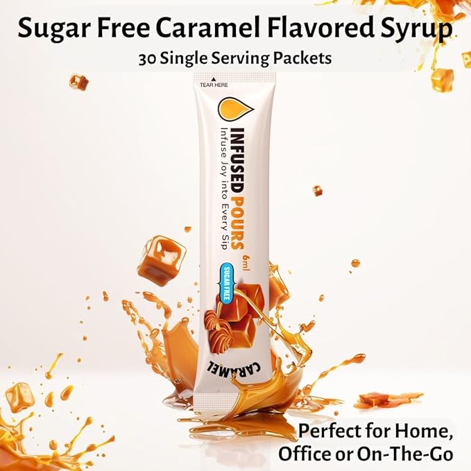 Single Serving Sugar Free Caramel Syrup Packets for Coffee and Cocktails - 6mL Each, 30 Count - Bag of Syrups by Infused Pours (6mL, Sugar Free Caramel)