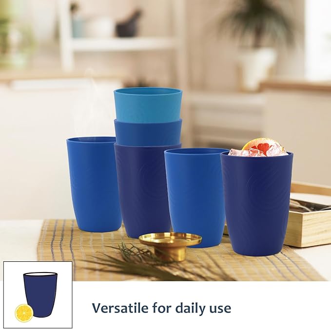 Homienly Wheat Straw Cups 6 PCS Plastic Cups Reusable Unbreakable Drinking Cup Dishwasher Safe Water Glasses (16 OZ,Blue Sky)