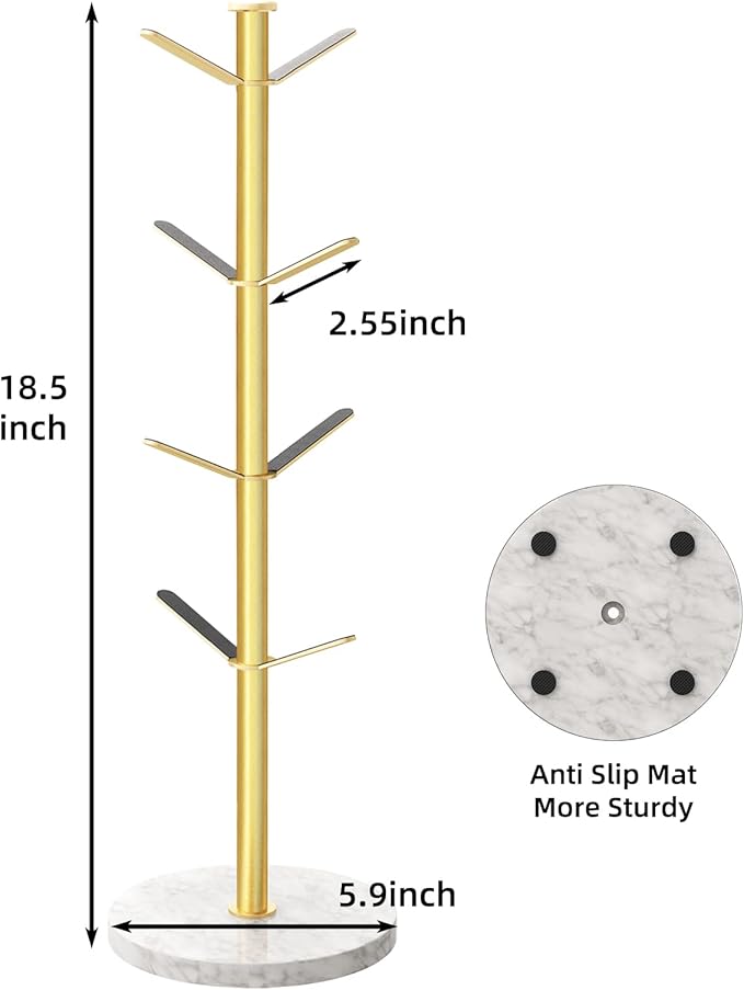 Gold Mug Holder Tree with Marble Base, 8 Hooks Coffee Cups Holder Stand, New Upgrad Stable Removable Mug Rack for Kitchen Cafe