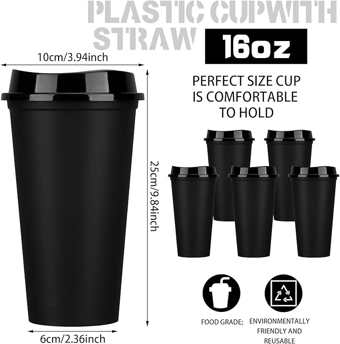 Domensi 15 Pack Reusable Coffee Cups with Lids 16 oz Disposable Travel Cups Bulk Plastic to Go Coffee Tumblers for DIY Hot Cold Drink Party Favors Coworker, Microwaveable (Black)