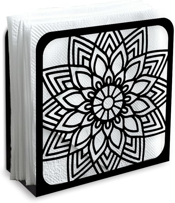 Mandala Sunflower Decorative Black Metal Napkin Holder for Table, 4.9" x 4.9" x 1.9" Sunflower Standing Napkin Holder for Home Kitchen Restaurant Picnic Party Coffee Bar Dining Room