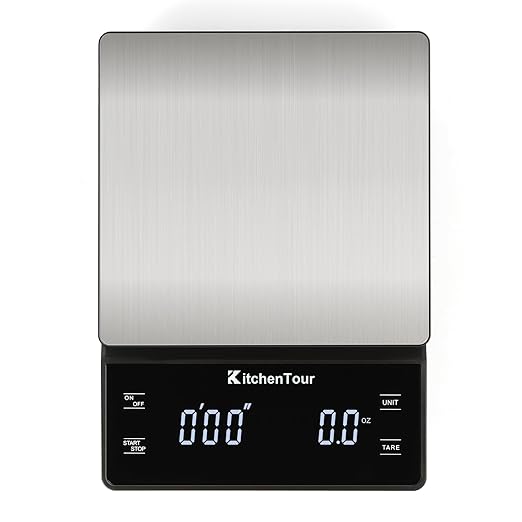 KitchenTour Coffee Scale with Timer 3kg/0.1g - High Precision Pour Over Drip Espresso Scale with Back-Lit LCD Display - Stain Steel Platform(Batteries Included)