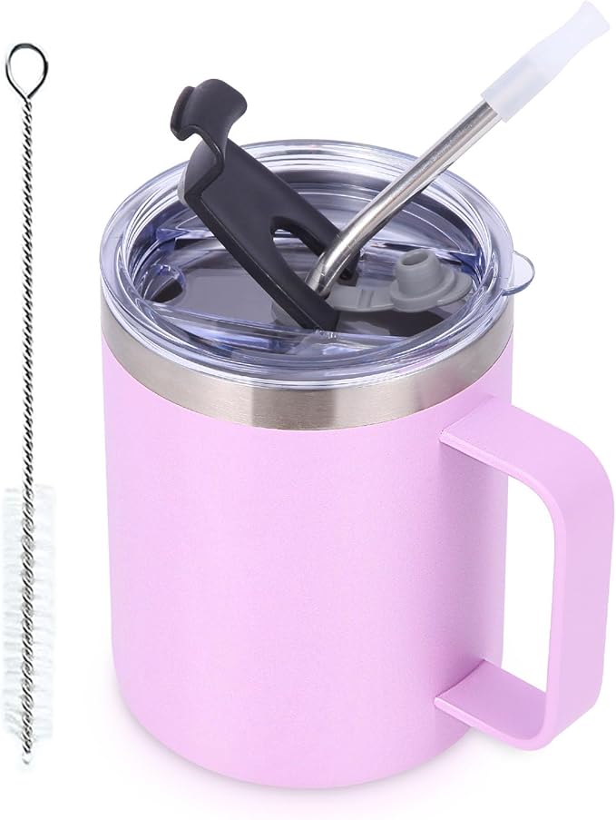 Volhoply 12oz Insulated Leakproof Coffee Mug with Flip & Straw Lid,Double Wall Vacuum Stainless Steel Travel Cafe Tumbler Cup with Handle,Reusable Camping Mugs Keep Cold/Hot(Purple,1 Set)