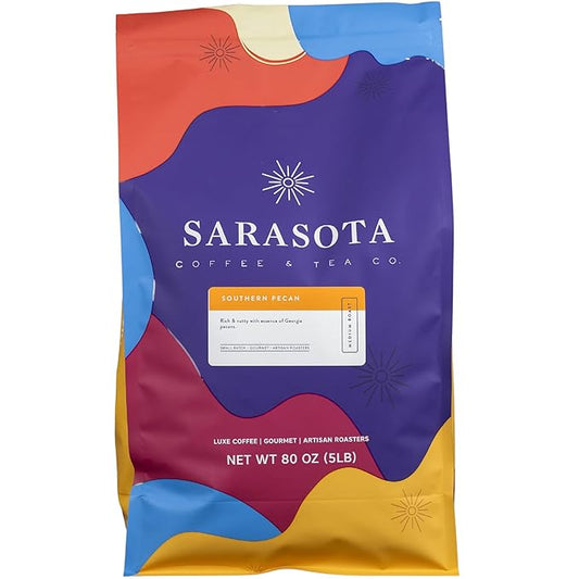 Sarasota Coffee Whole Bean Southern Texas Butter Pecan | Medium Roast Gourmet Flavored Coffee Beans | Low Acid, Mold Free, Specialty Grade Bulk Beans | 5lb (80 oz)