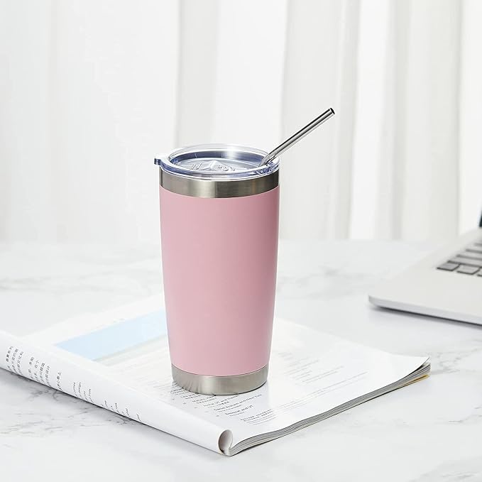 COMOOO 20oz Double Wall Vacuum Insulated Travel Mug, Stainless Steel Tumbler with Lid, Durable Powder Coated Insulated Coffee Cup for Cold & Hot Drinks (Pink, 1 Pack)
