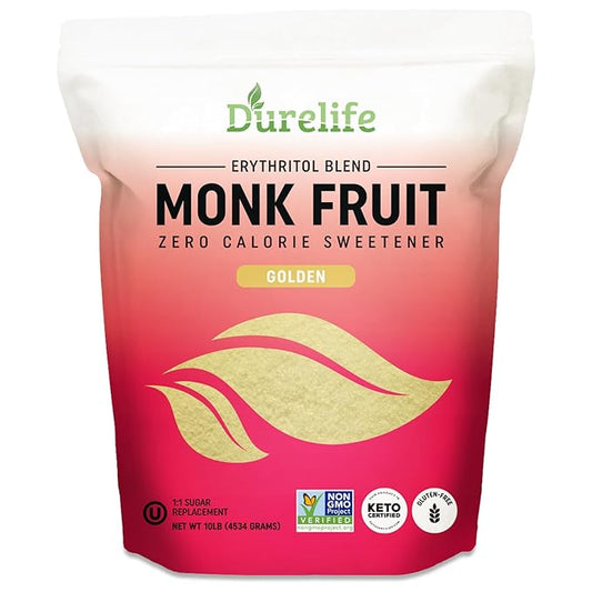 Durelife Golden Monk Fruit Sweetener, 1:1 Sugar Replacement, Keto Diet Friendly, Zero Calorie, Kosher Sugar Substitute, Golden - 10 lb Bulk Size