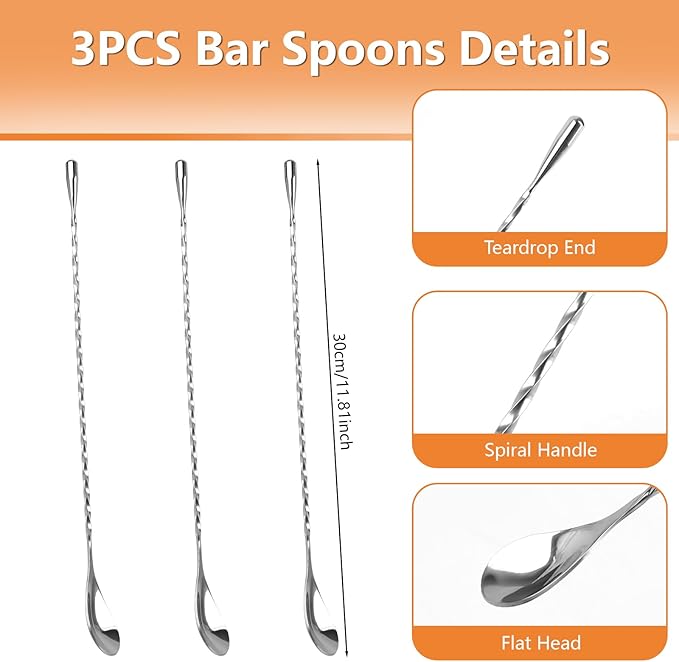 3 PCS Bar Spoon, 12 Inches Cocktail Mixing Spoons, Spiral Pattern Stainless Steel Cocktail Stirrers for Home or Bar Cocktail, Drinks, Coffee, Ice Cream, Sundae (Silver)