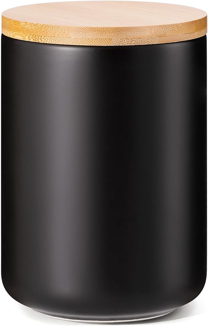 Yangbaga Black Canisters for Kitchen-Kitchen Canisters for Countertop with Airtight Wood Lids/Spoons/Stickers,Ceramic Kitchen Storage Containers for Large Flour,Suger,Coffee（32 OZ)