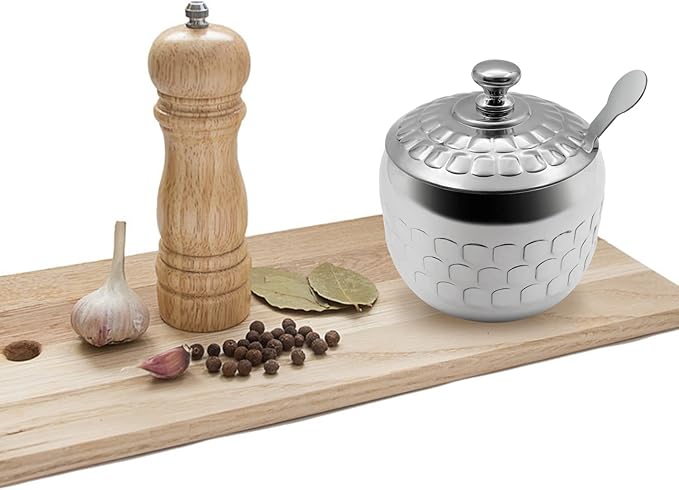 Stainless Steel Sugar Bowl Coffee Seasoning Jar Condiment Pot Spice Container Canister Cruet with Lid and Spoon