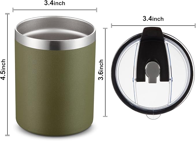 MEWAY 12 oz Lowball, Tumbler Stainless Steel Double Wall Vacuum Insulated Mug with Straw and Lid, Cleaning Brush ，Durable Powder Coated Insulated Coffee Cup for Cold & Hot Drinks (Army Green,12)
