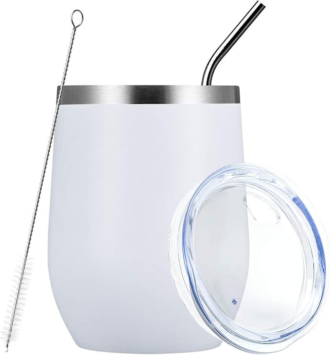 MEWAY Stemless 12 OZ Wine Tumbler Glasses with Lid -Insulated Double Wall Vacuum Stainless Steel Travel Tumbler with Straw,for Woman Under 10 dollars (White,1)