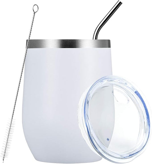 MEWAY Stemless 12 OZ Wine Tumbler Glasses with Lid -Insulated Double Wall Vacuum Stainless Steel Travel Tumbler with Straw,for Woman Under 10 dollars (White,1)